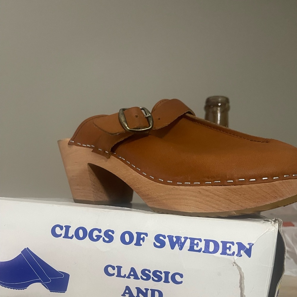 Leather wooden heeled clog.